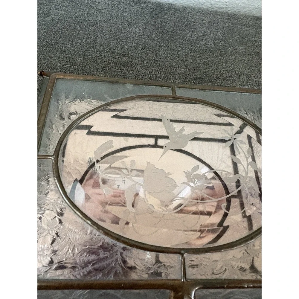 Vtg Etched Glass, Brass, Mirror Jewelry Box Footed w Flowers & Hummingbirds